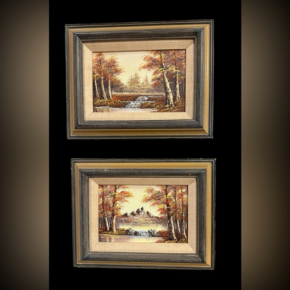 Vintage Signed Pair Of Autumn Oil Paintings on Canvas Framed and Signed